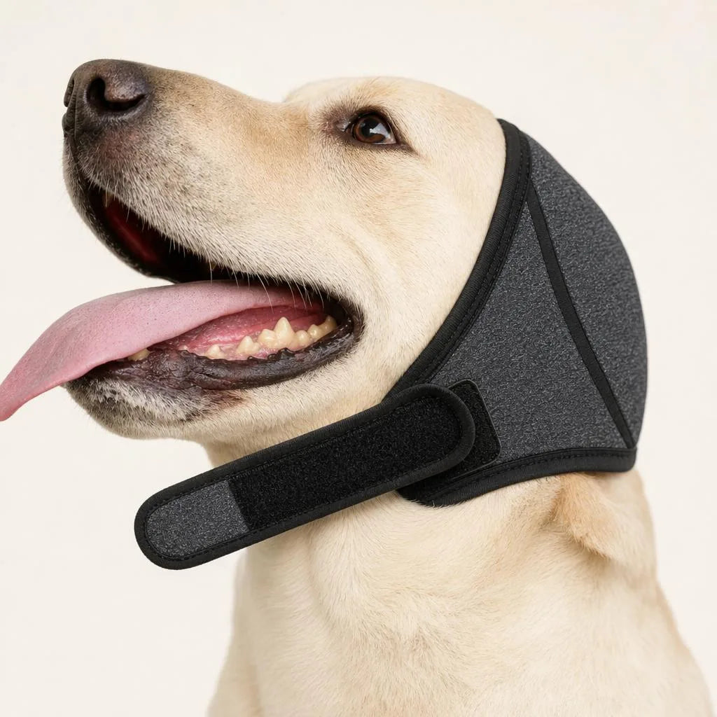 Close-up of the hook-and-loop strap of the Hushwag Calm Hood under the chin