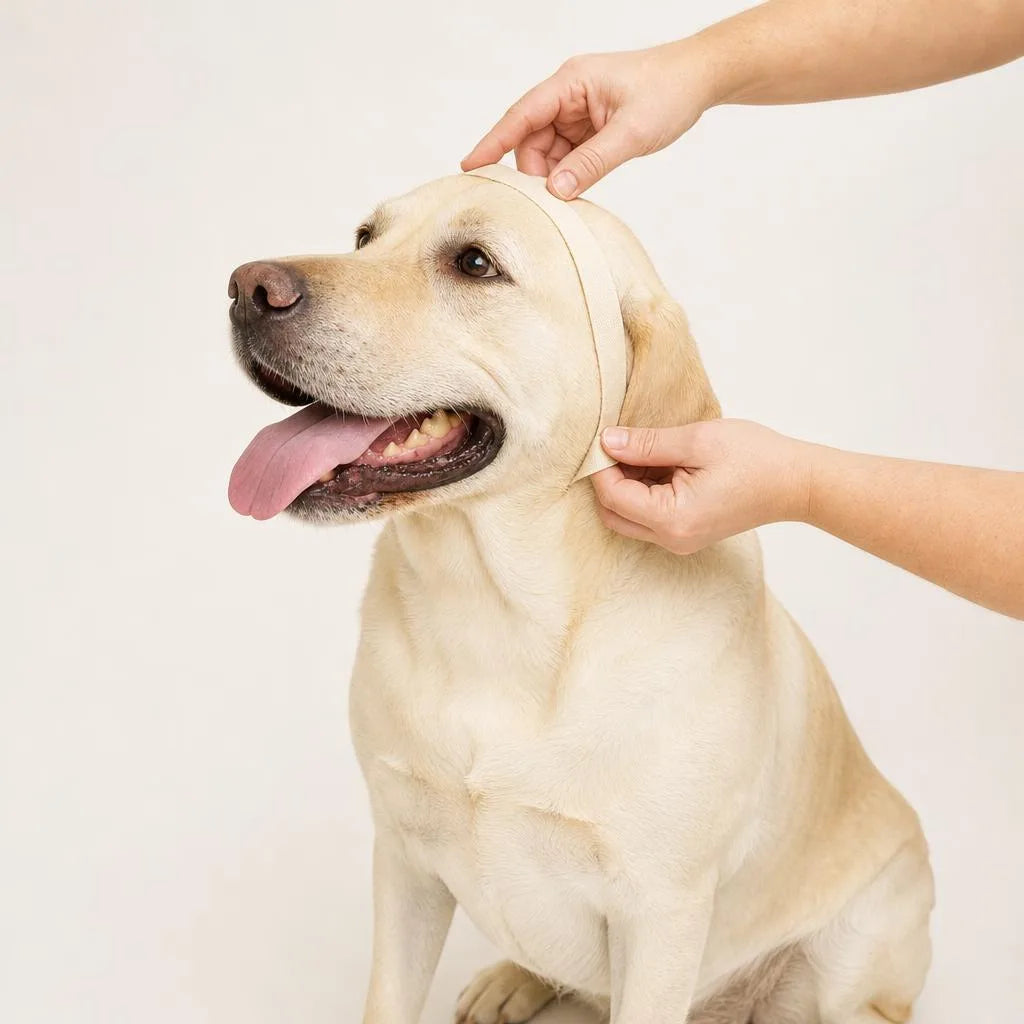 Measuring a dog's head over the ears with a tape measure to choose the Calm Hood size