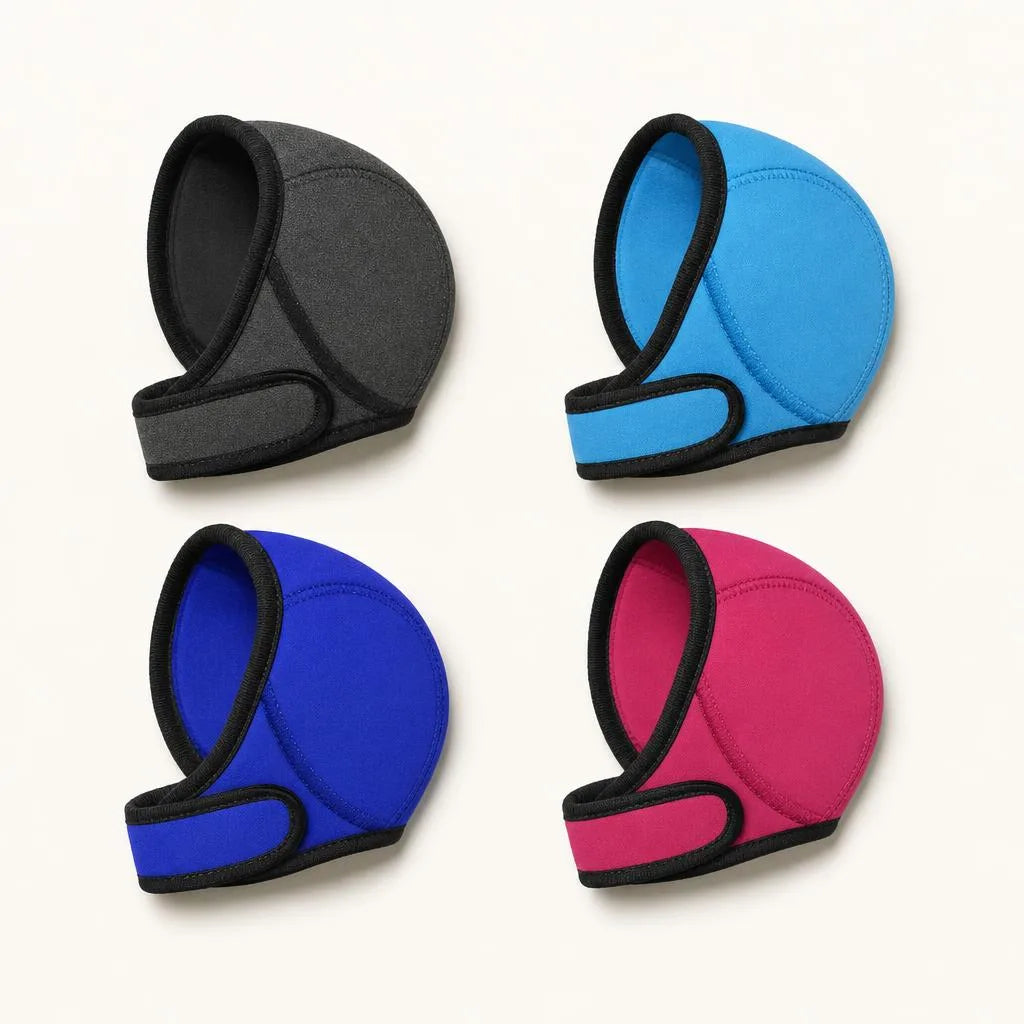 The Hushwag Calm Hood in its four colors: grey, lake blue, dark blue and rose red
