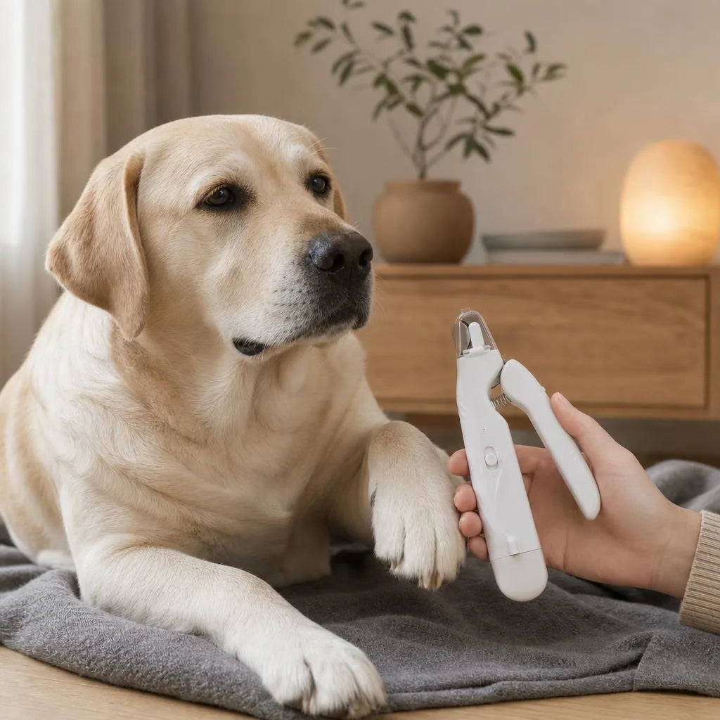Holding the Hushwag Quiet Nail Grinder near a calm dog's paw