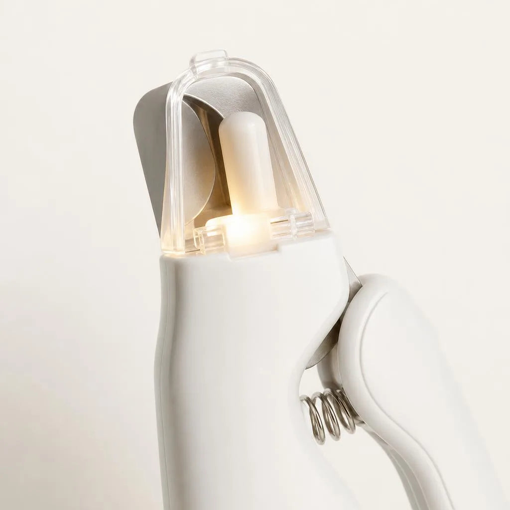 Close-up of the safety cap and LED light of the Hushwag Quiet Nail Grinder