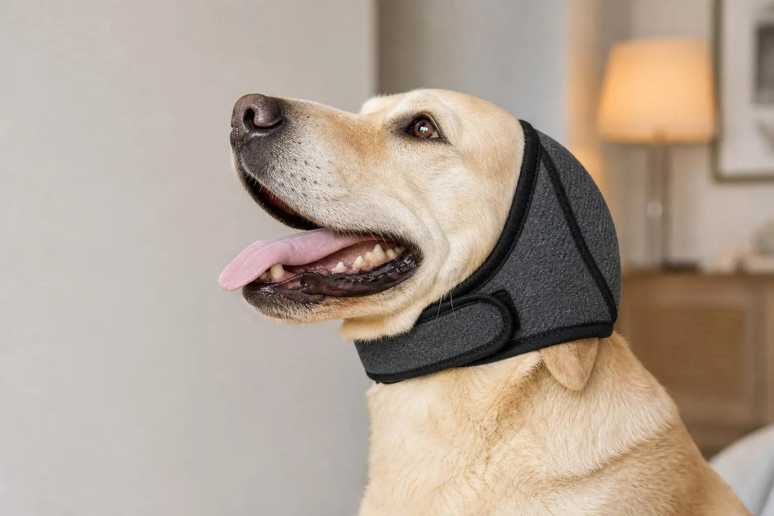 Close-up of the Hushwag Calm Hood on a yellow Labrador, showing the padded fabric and chin strap
