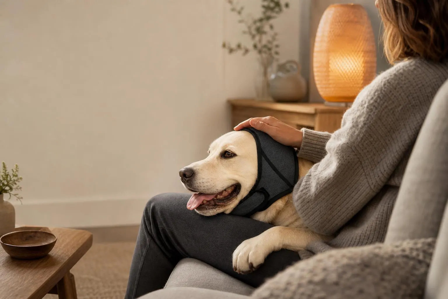 An owner gently stroking a dog wearing the Calm Hood on the sofa