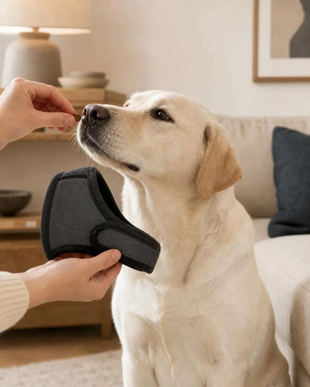 A hand offering a treat while the dog sniffs the Calm Hood