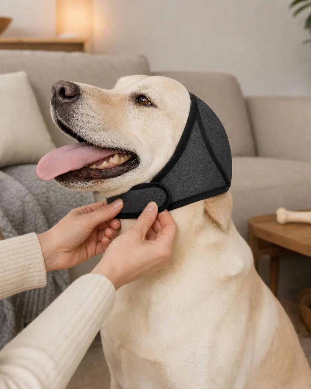 Hands fastening the strap of the Calm Hood under the dog's chin