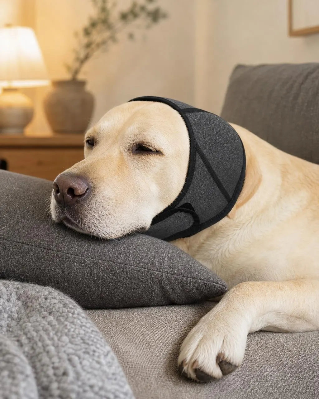 A relaxed dog wearing the Calm Hood resting on a sofa cushion