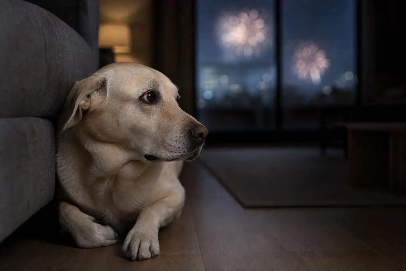 A worried yellow Labrador crouched beside a sofa while fireworks glow outside the window