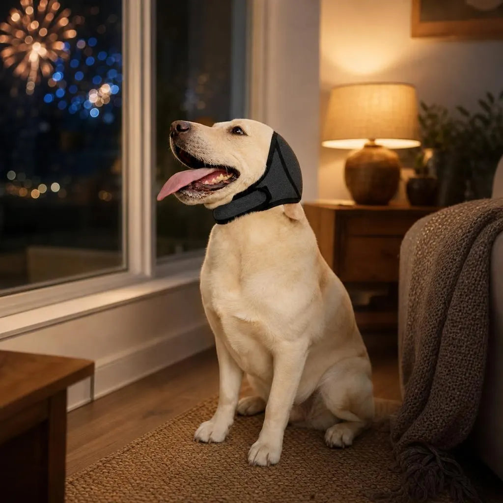 A dog wearing the Calm Hood by a window at night with fireworks outside