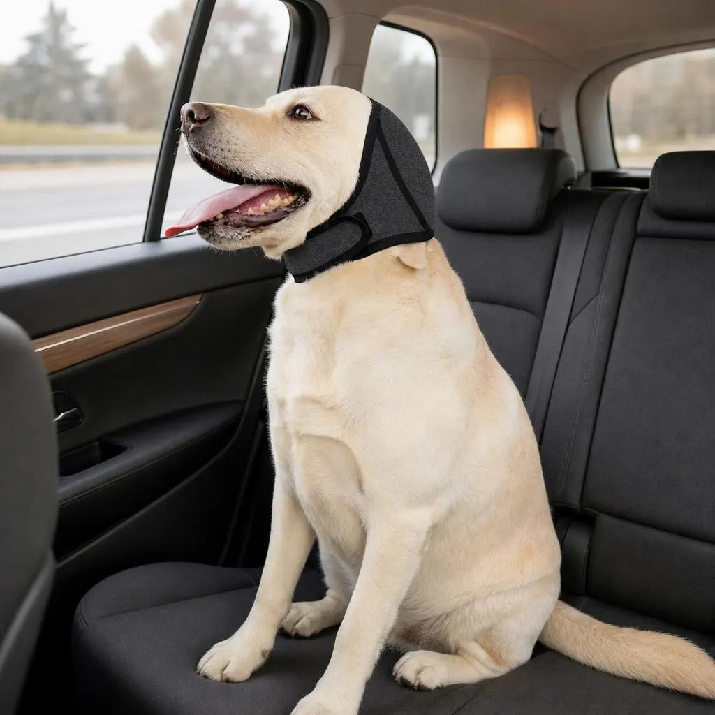 A dog wearing the Calm Hood on the back seat of a car